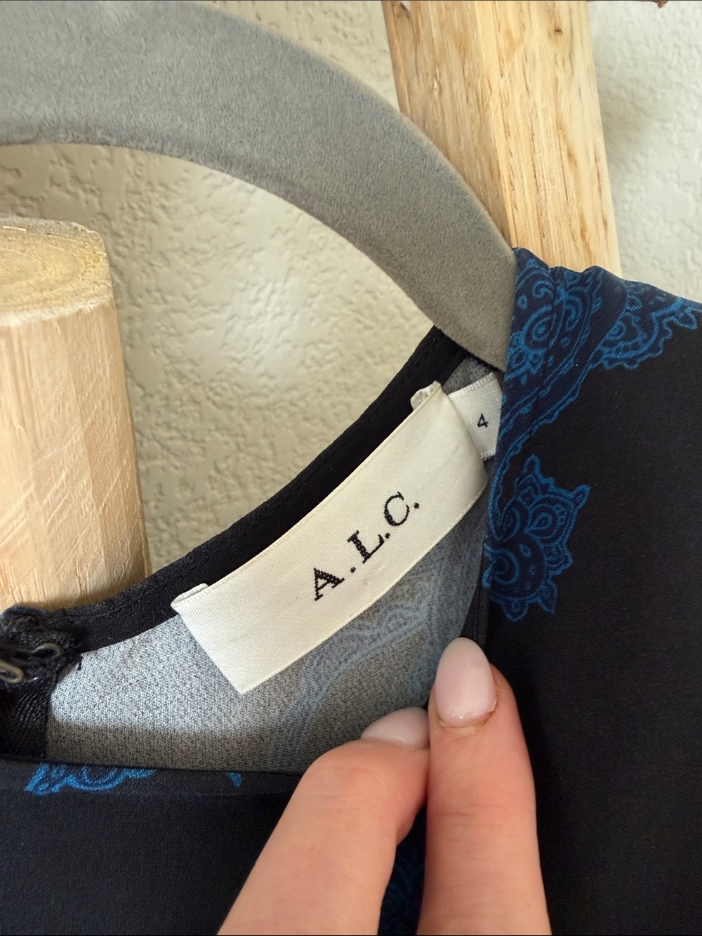A.L.C. Black Long-Sleeve Fit & Flare Dress with Blue Paisley 100% silk - Picture 3 of 6